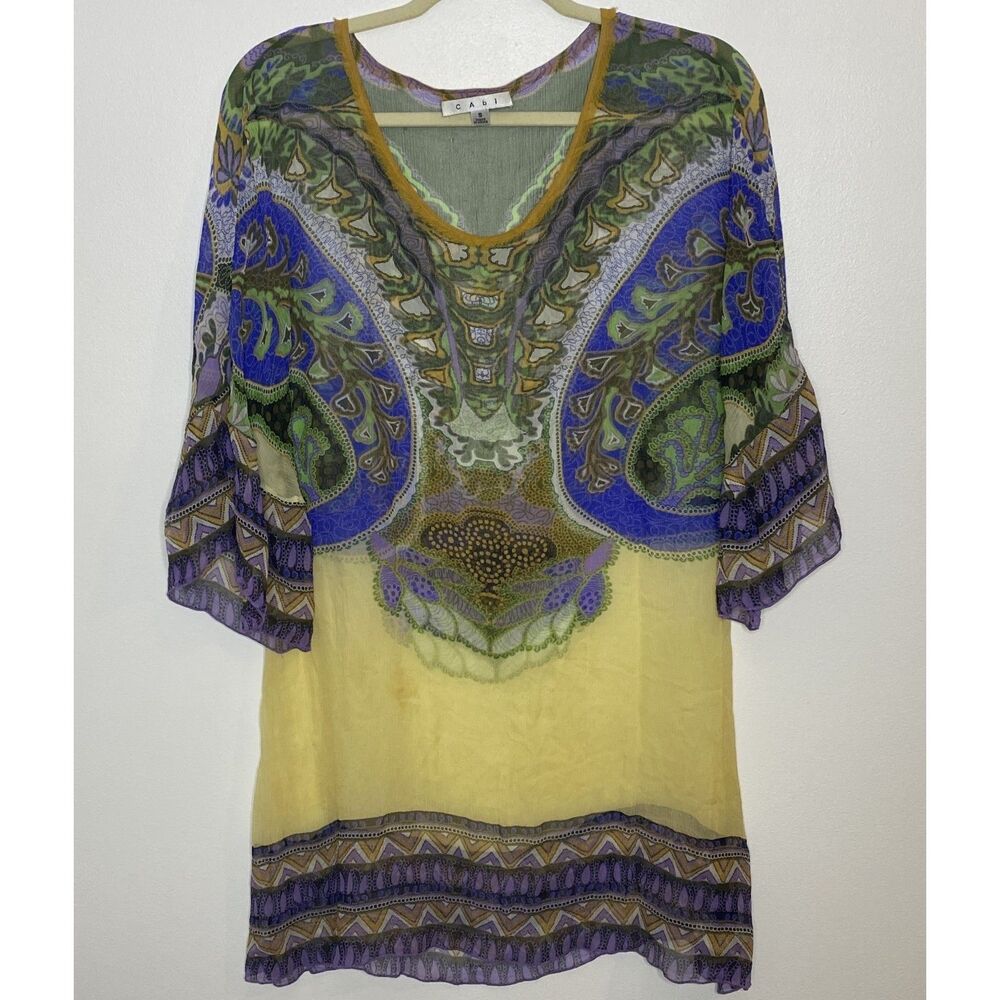 Cabi Womens Silk Mini Pullover Tribal Boho Floral Bell Sleeve Dress Cover Up S
